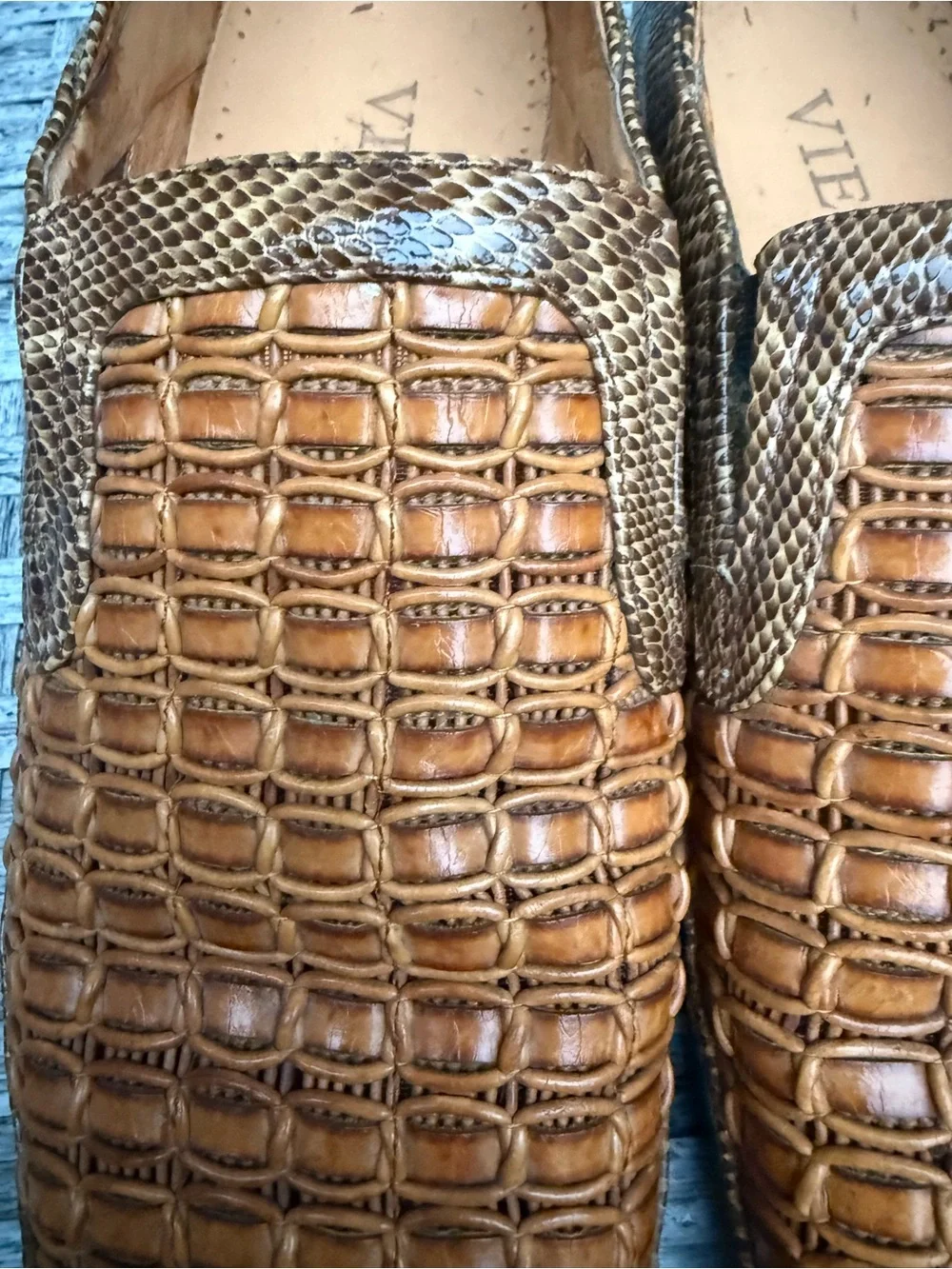 Vieri Woven Leather & Snakeskin Print Slip-On Loafers Square Toe Men’s EU 42